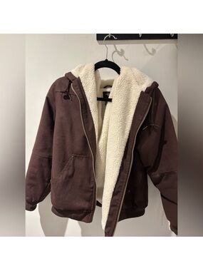 Forever 21 Brown Hooded Sherpa-Lined Performance Jacket with Cream Lining